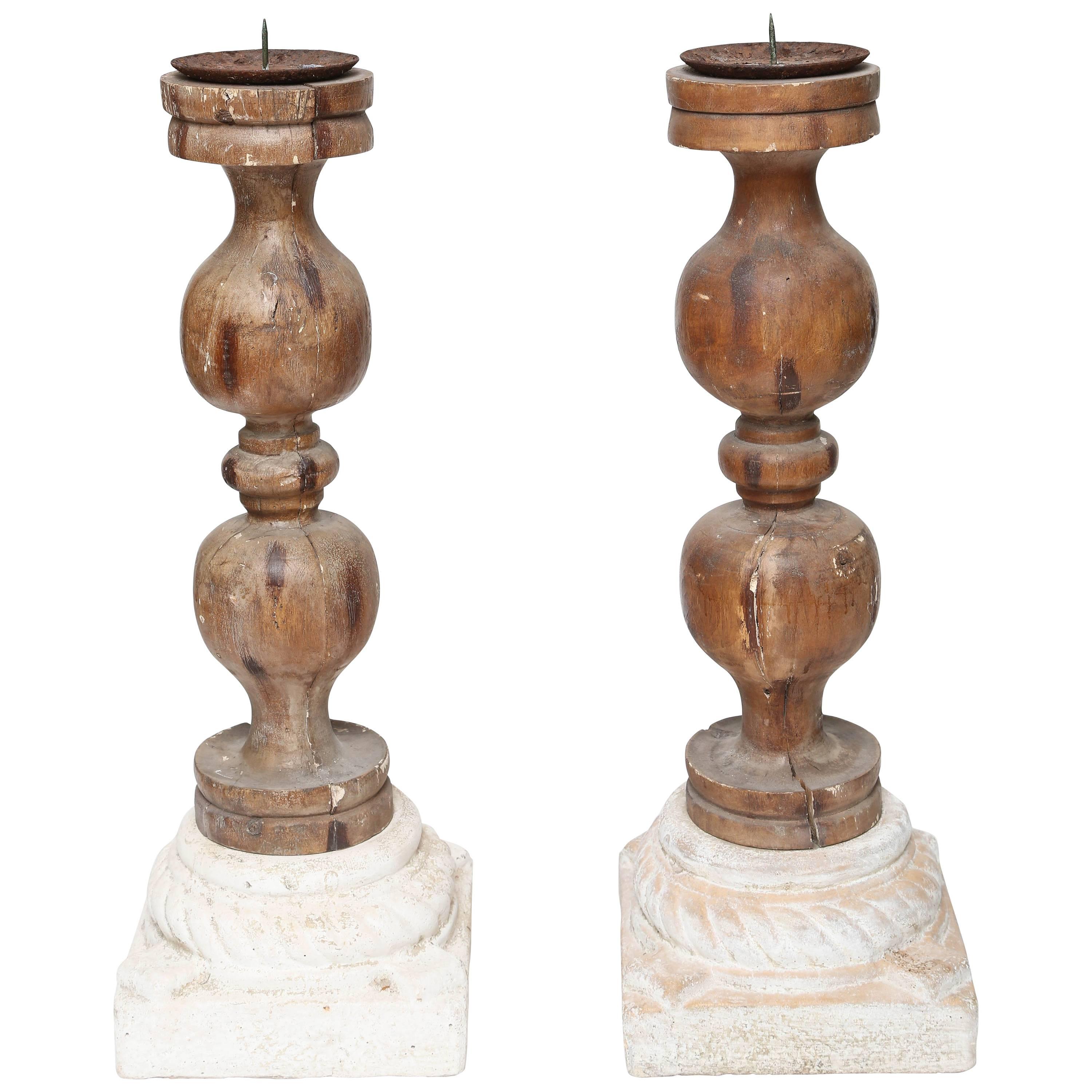 Pair of Architectural Wood and Stone Candlesticks For Sale