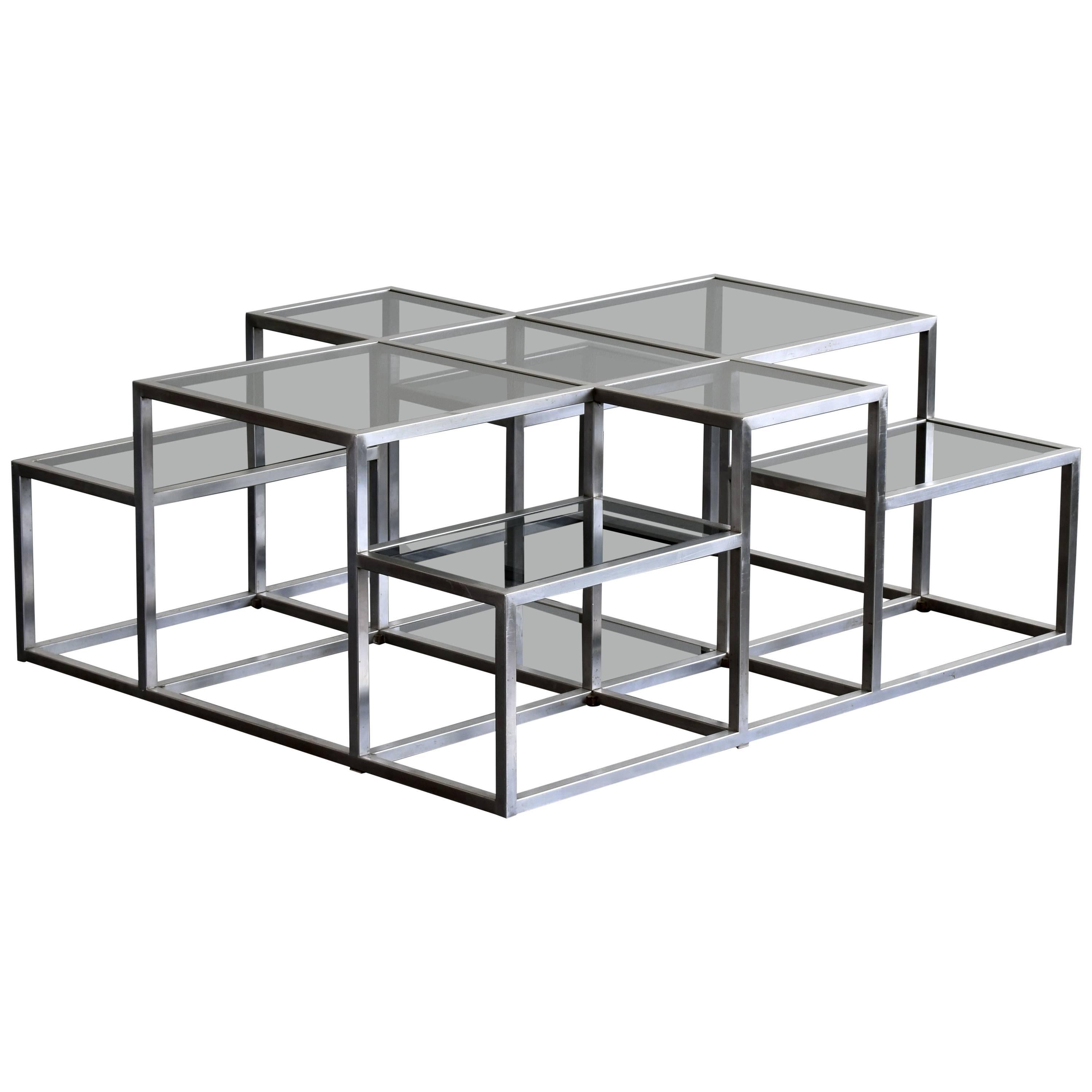 Michel Boyer, Rare Minimal Coffee Table in Stainless Steel and Smoked Glass 1973