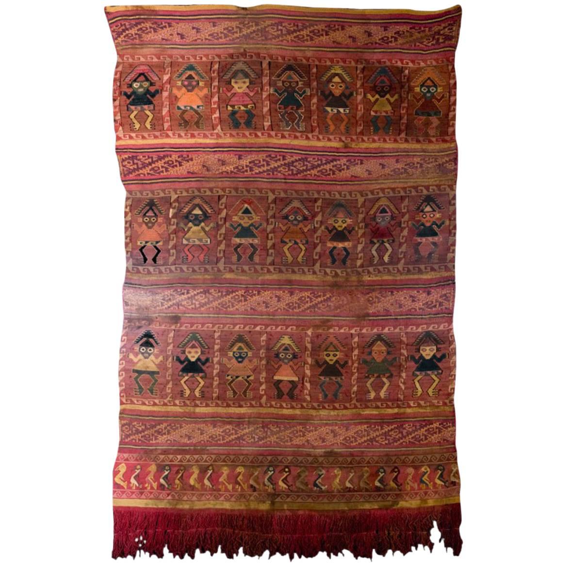 Magnifique tapisserie précolombienne de Chimu avec 21 pendentifs royaux multicolores