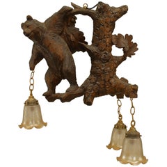 Rustic Black Forest Style Walnut Bear Chandelier