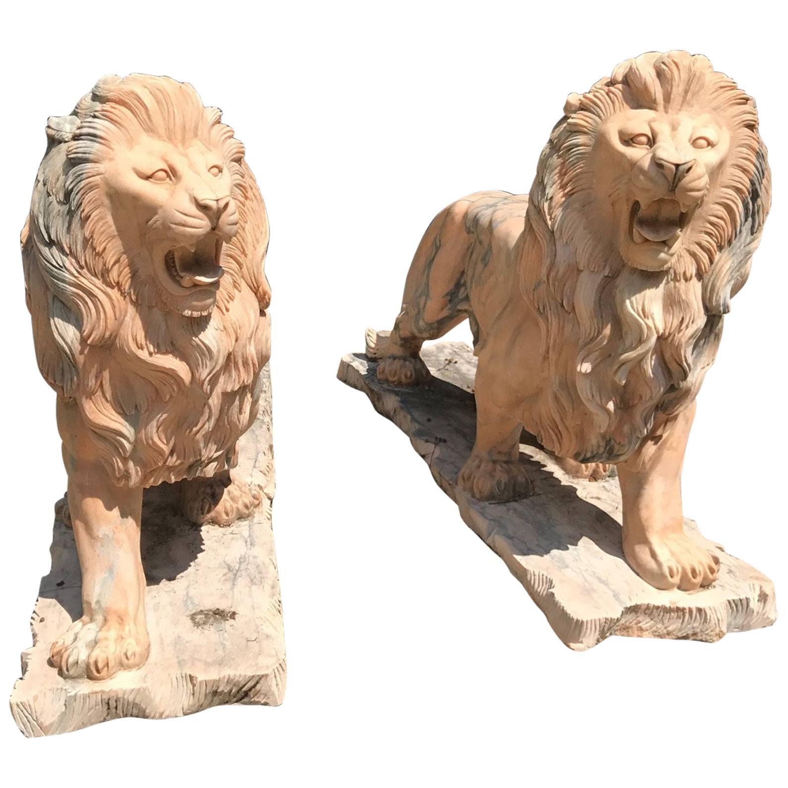 Pair of Classical Hand-Carved Solid Marble Lions, Life-Size