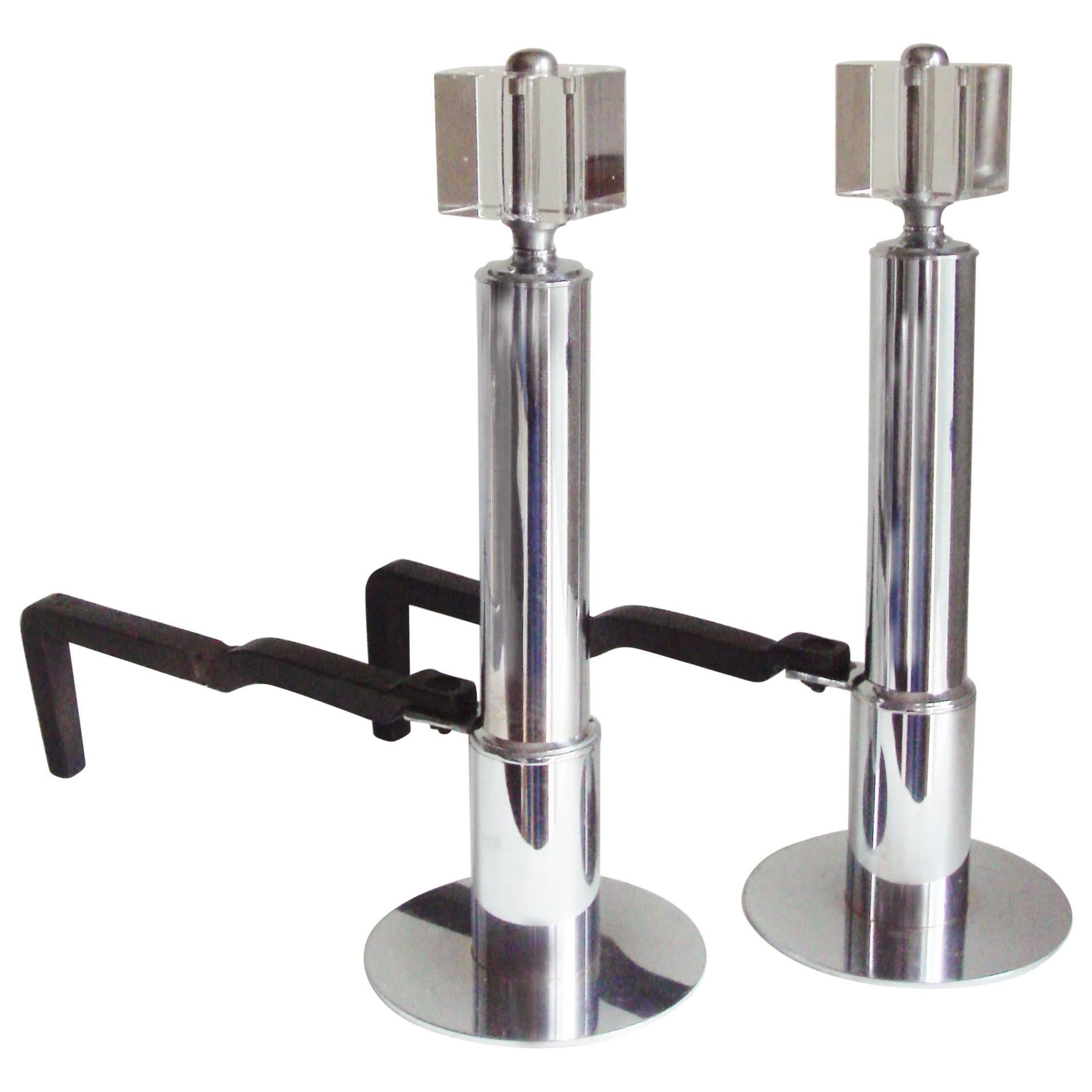 Pair of American Art Deco Chrome, Glass and Forged Iron Geometric Andirons