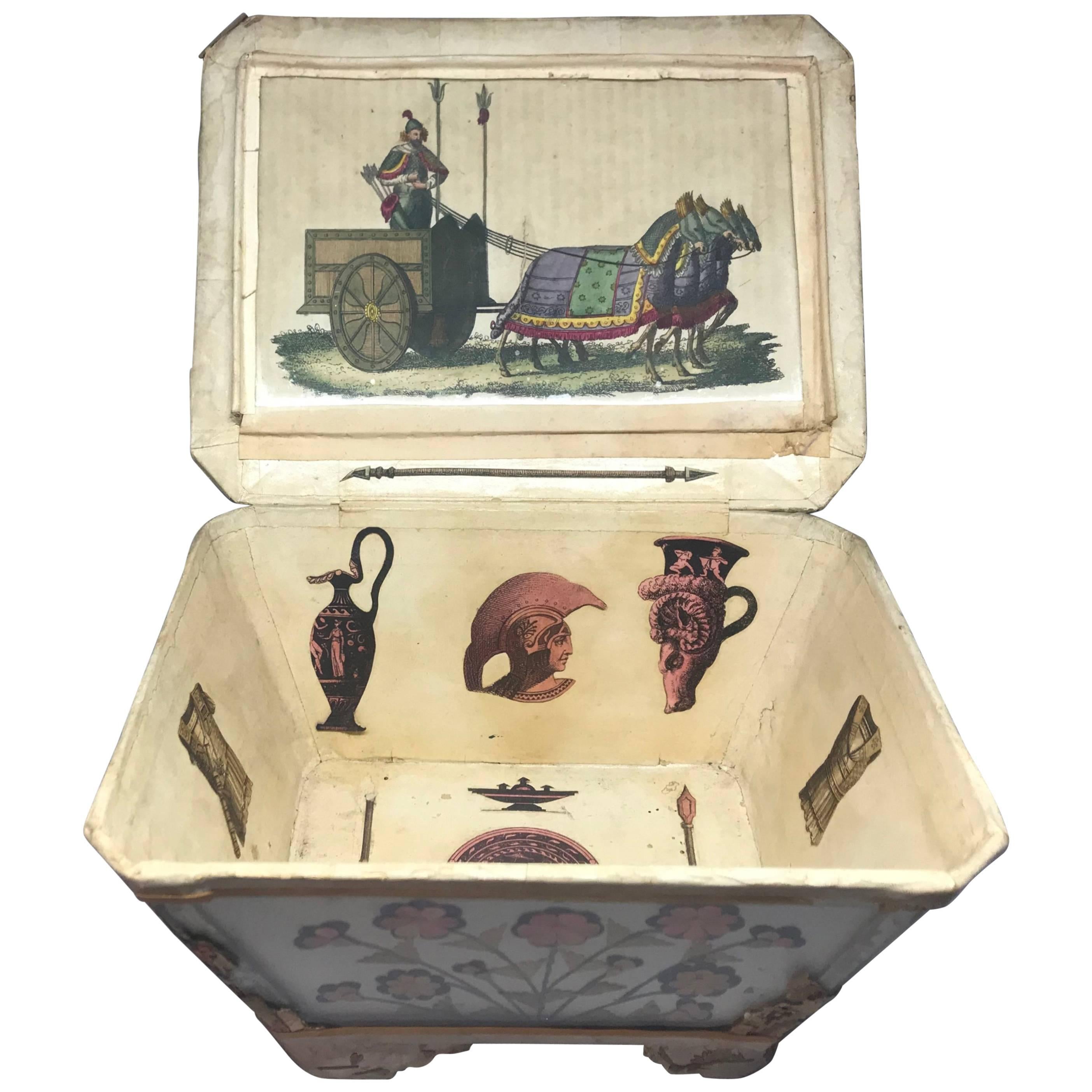 Italian decoupage straw box. Charming floral decorated paper box with coloured straw compositions under glass with canted sides and top opening to reveal Roman decoupage interior in the decalcomania style; the interior lid also under glass. Rome,