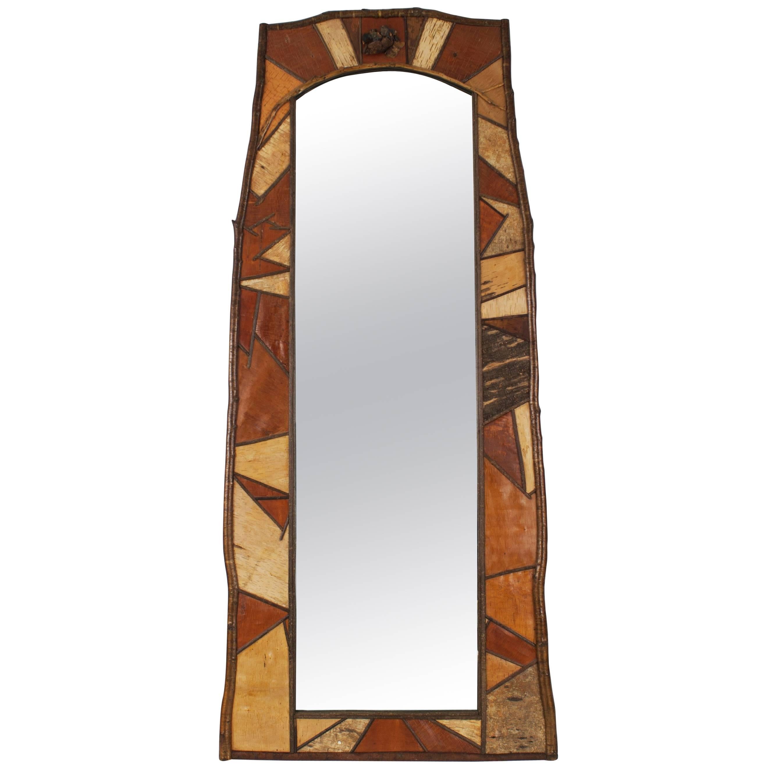 Rustic Adirondack Birch and Wood Veneer Wall Mirror For Sale