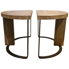 Used Pair of Wood and Steel Demilune Side Tables, Newly Refinished