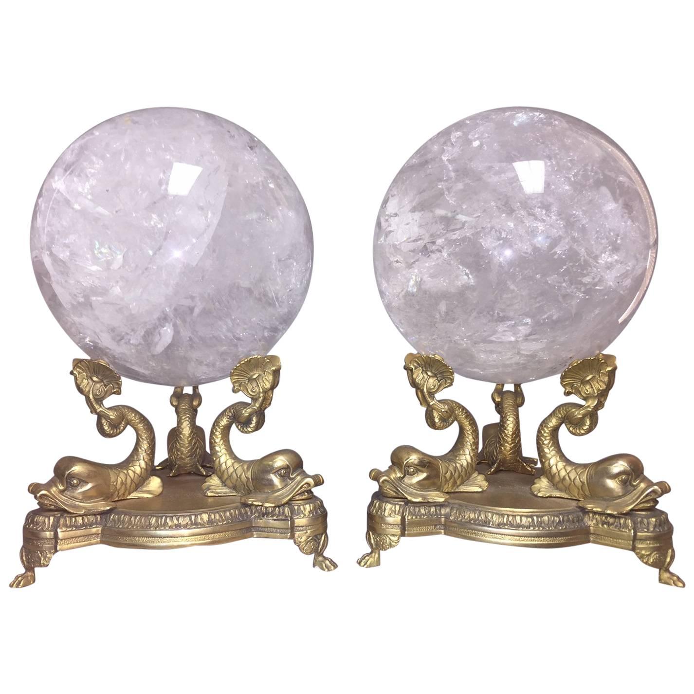 Pair of Neoclassical Rock Crystal Spheres on Bronze Bases For Sale