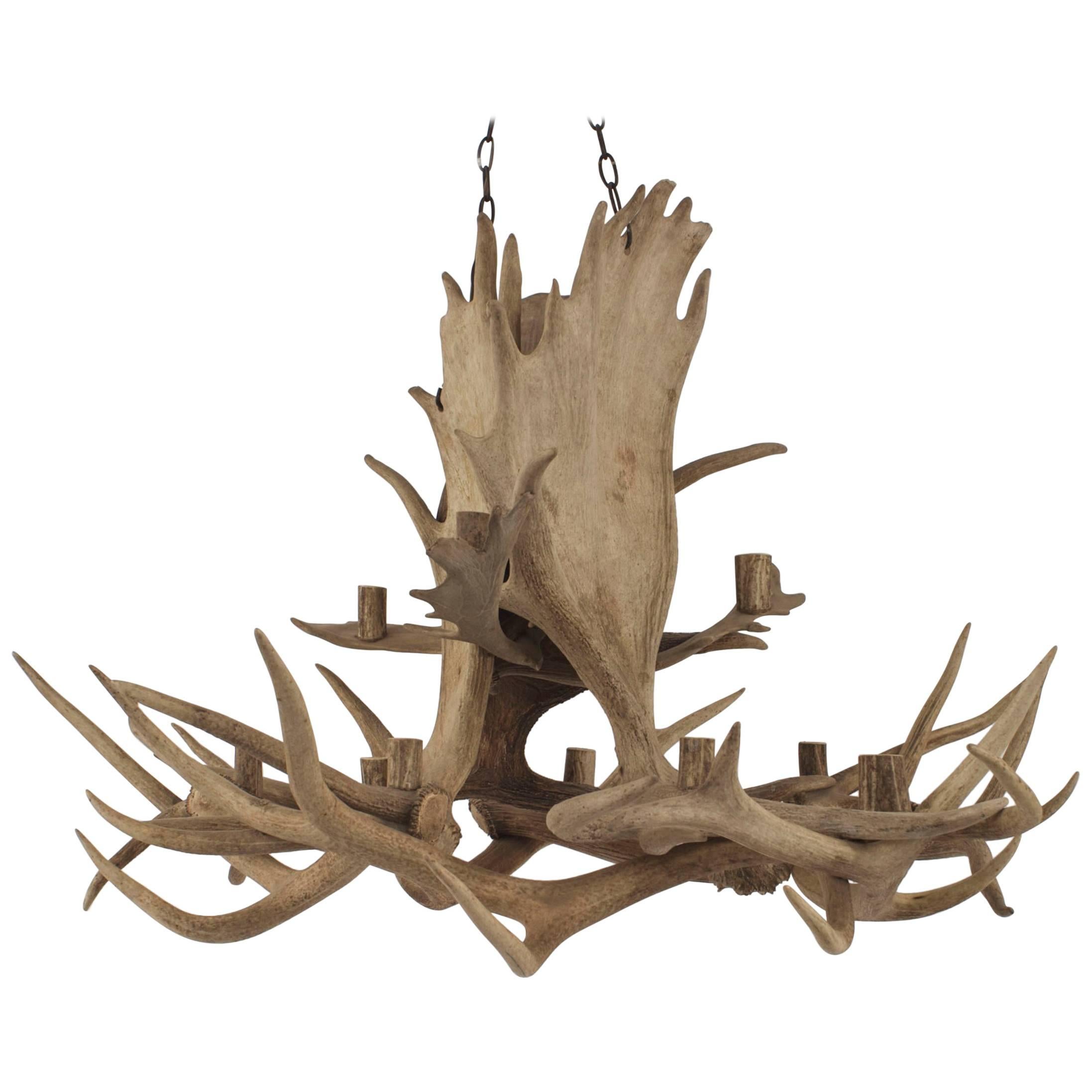 Rustic Moose and Elk Antler Chandelier with 11 Cylindrical Antler Candleholders