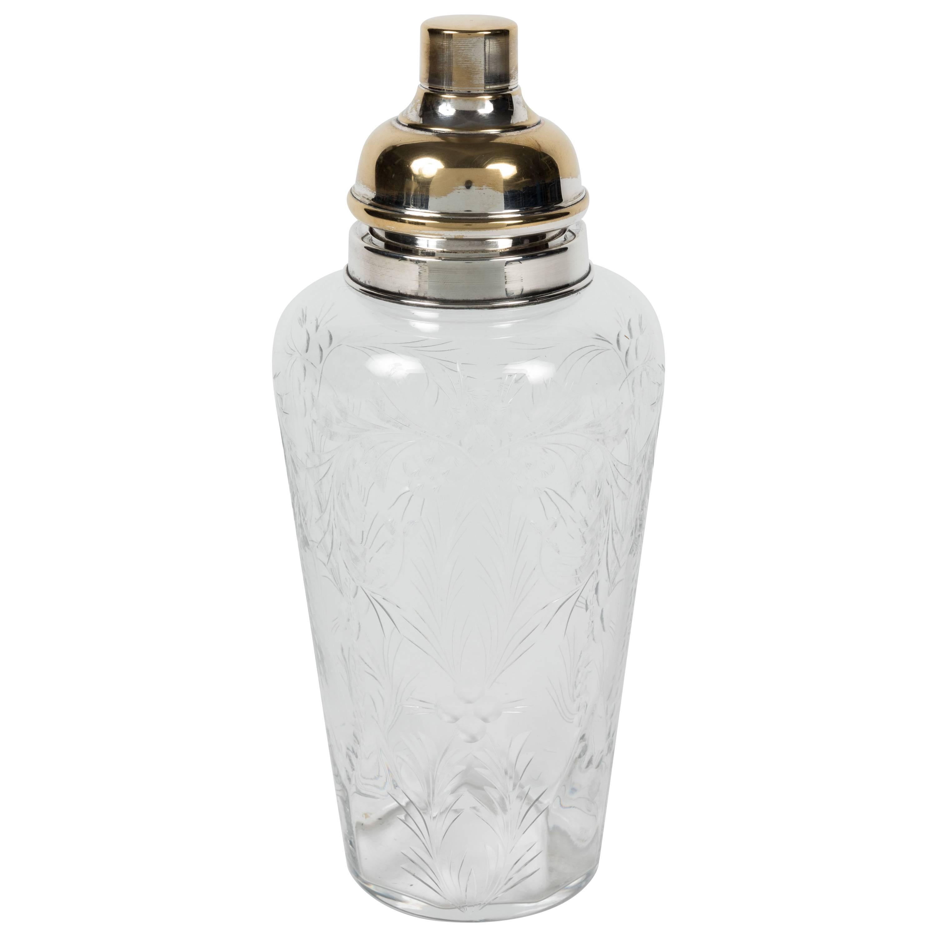 Etched Crystal and Silver-Plated Cocktail Shaker by Hawkes