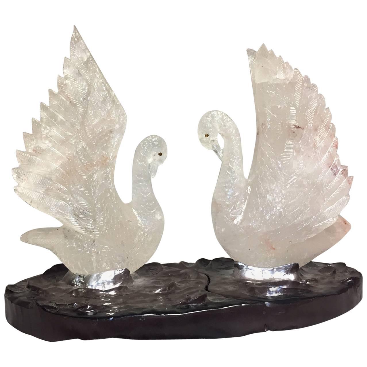Rock Crystal Swan Group in Pond Centerpiece, Modern Style For Sale