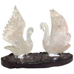 Vintage Rock Crystal Swan Group in Pond Centerpiece, Modern Style