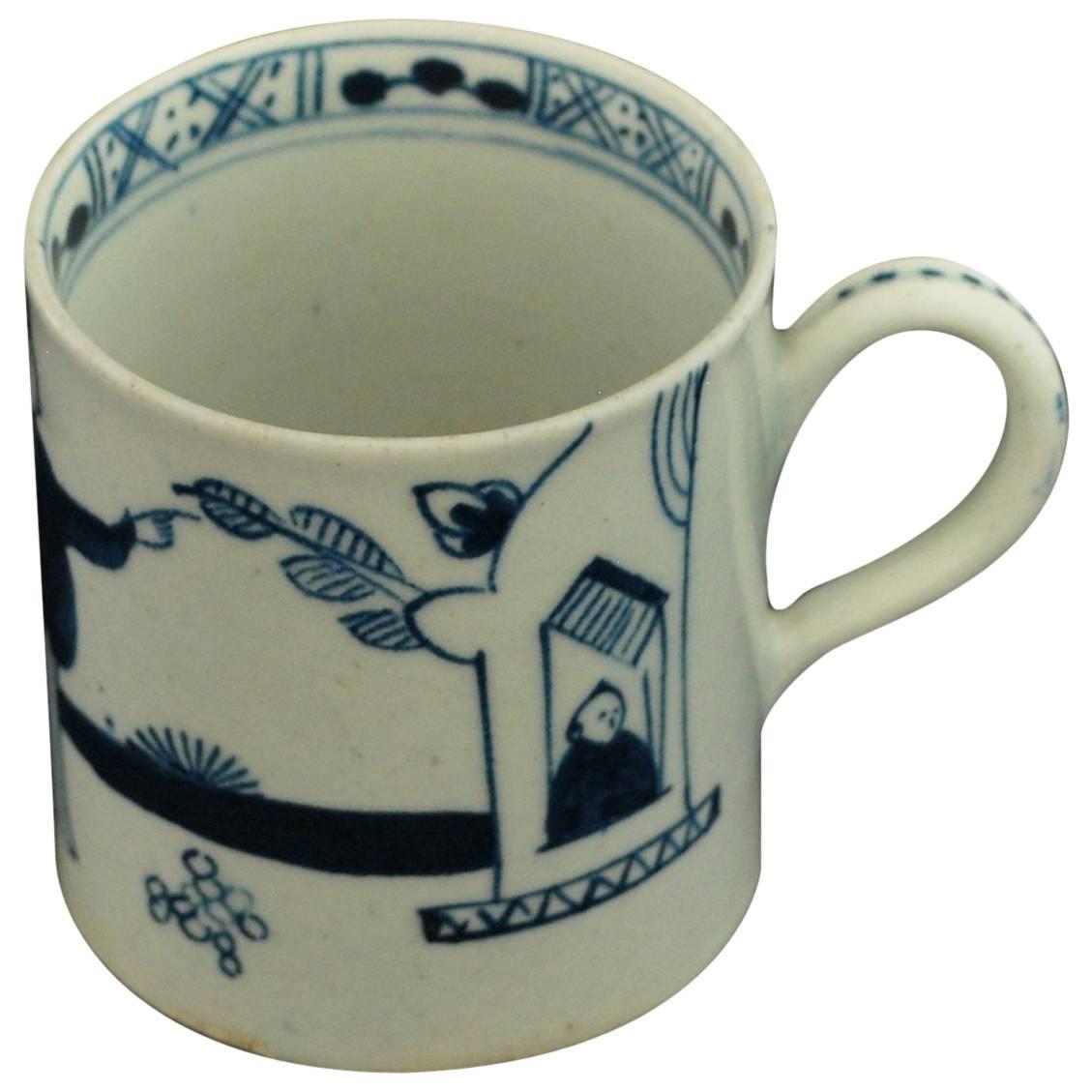 Coffee Can, Blue and White "Man at the Window" Bow Porcelain, circa 1760 For Sale