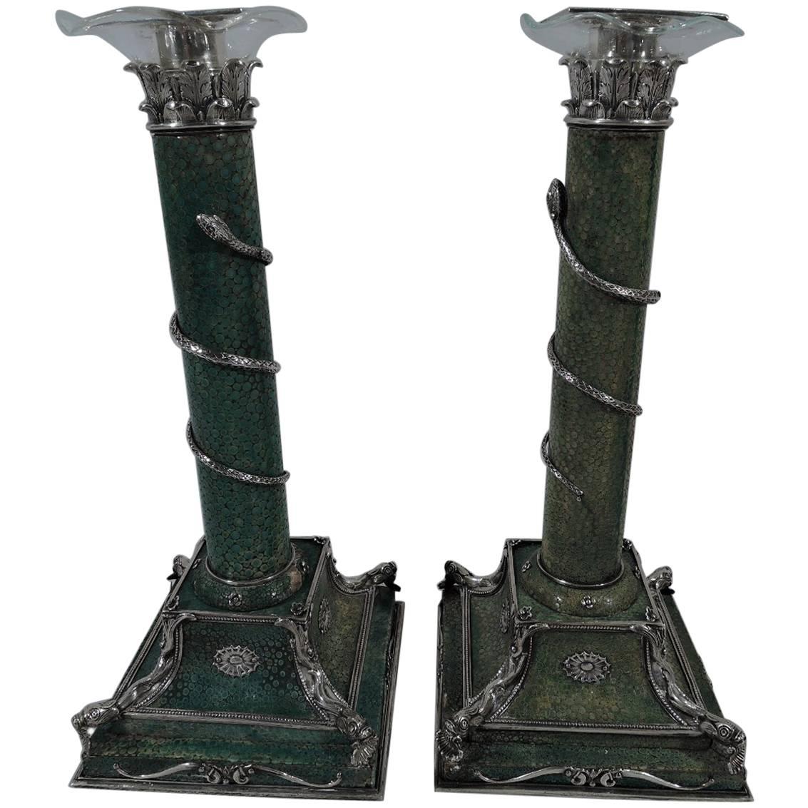 Pair of Antique European Shagreen and Silver Candlesticks