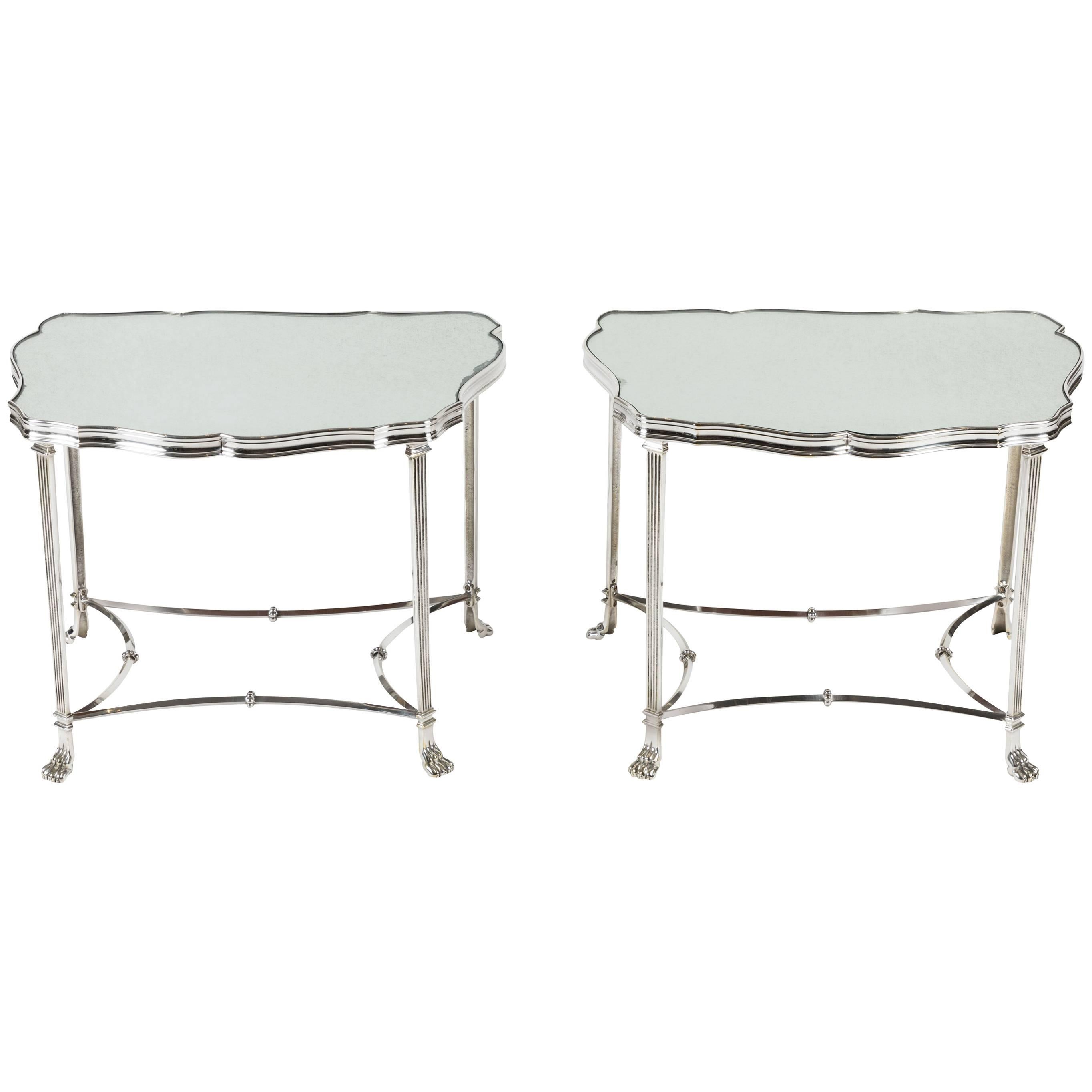 Pair of French Silver Plate and Mirrored-Top Side Tables