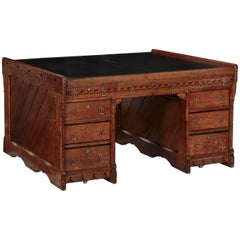 Antique English Arts & Crafts Oak and Leather Partners Writing Desk, circa 1870-1890