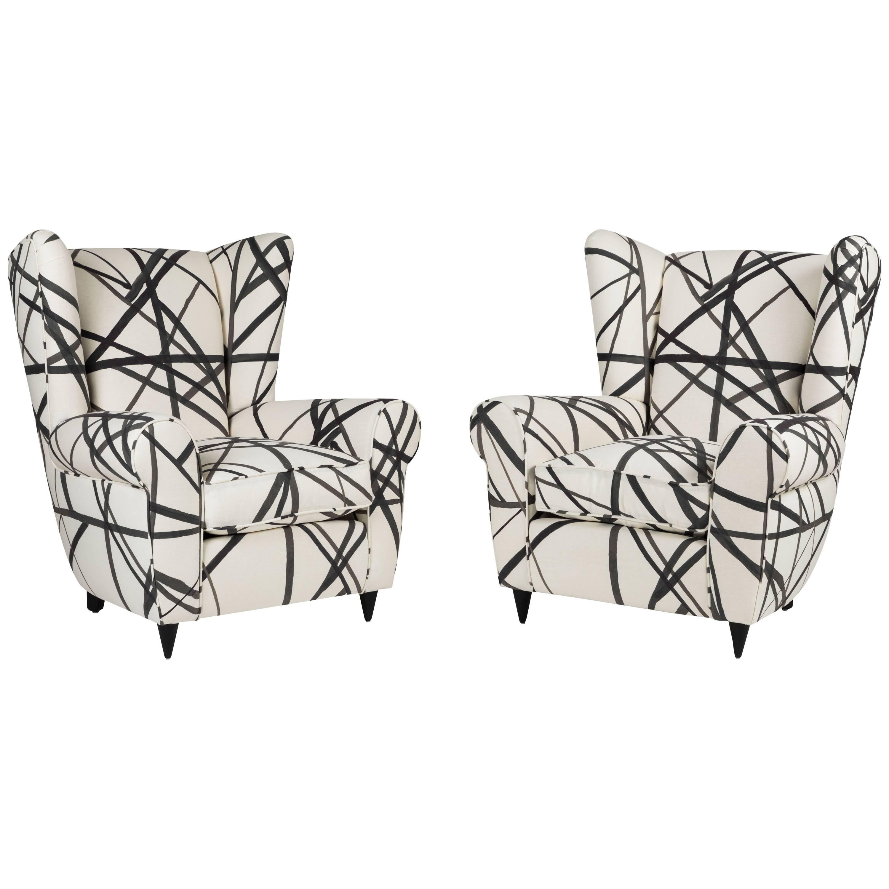 Italian Wingback Chairs Covered in Kelly Wearstler Textile