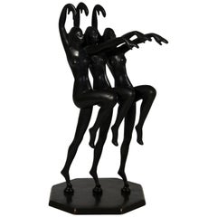 Art Deco Bronze Table Sculpture Nude Dancers Signed by Henri Lautier