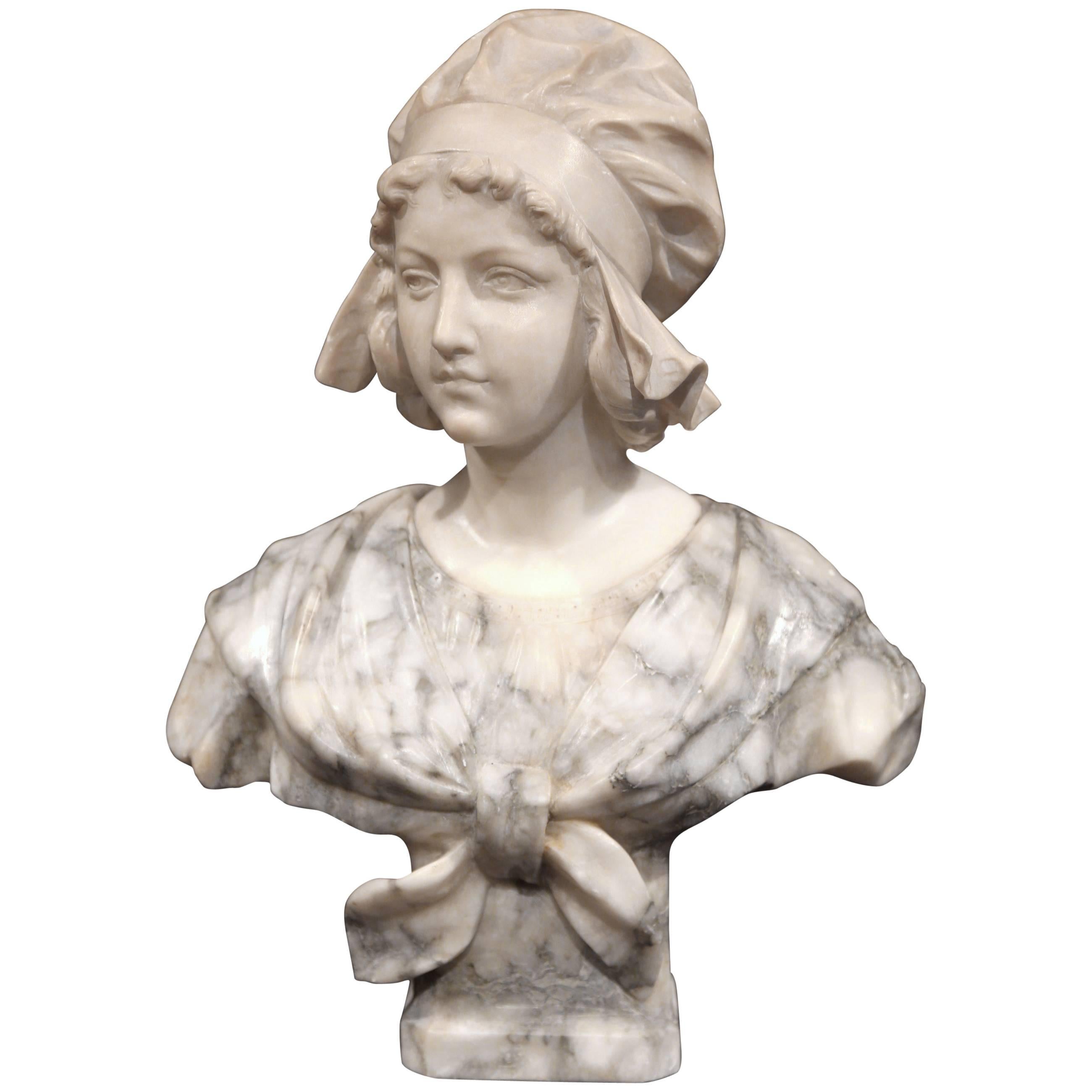 19th Century French Carved Two-Tone Marble Bust Sculpture of Young Beauty