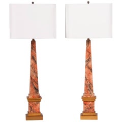 Pair of Vintage Faux Marble and Gilded Obelisks, circa 1900 Now Mounted as Lamps