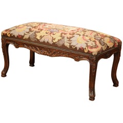 19th Century French Louis XV Carved Walnut Bench with Original Tapestry