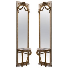 Pair of French Parcel-Gilt and Painted Consoles and Mirrors, 19th Century
