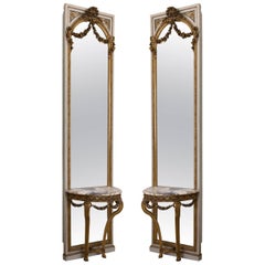 Antique Pair of French Parcel-Gilt and Painted Consoles and Mirrors, 19th Century