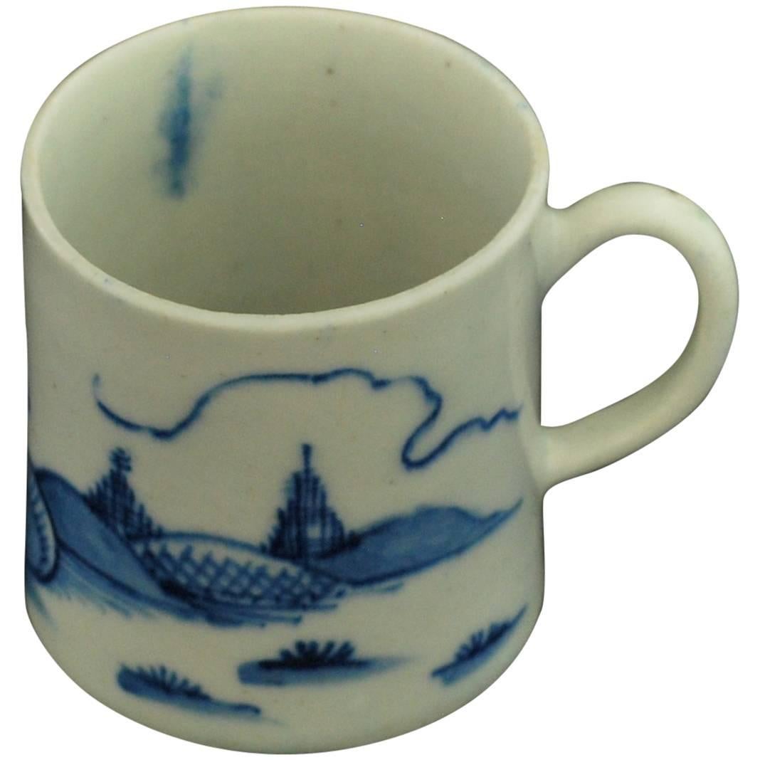 Coffee Can, Blue and White "Ribbon Landscape", Bow Porcelain, circa 1753 For Sale