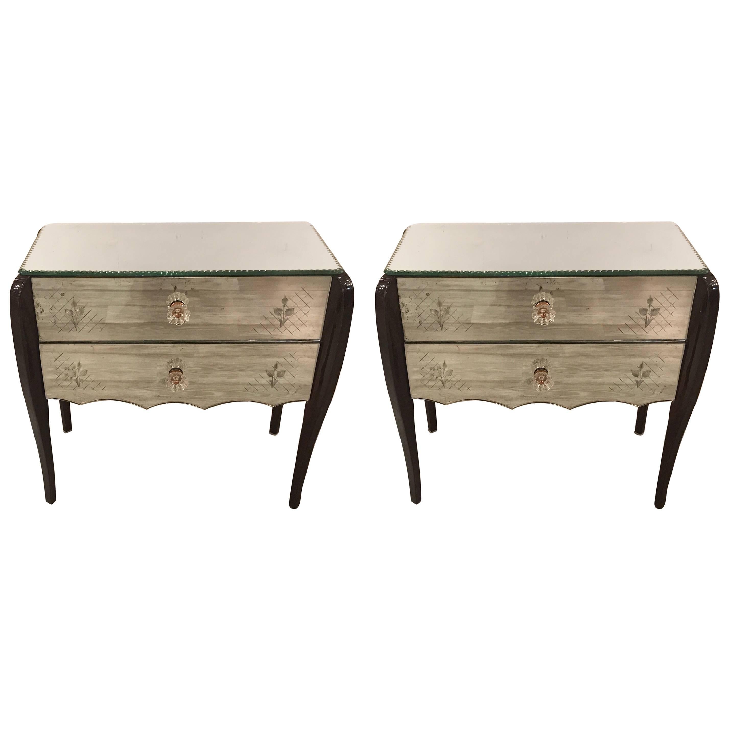 Glamorous Pair of Mirrored French Deco Nightstands
