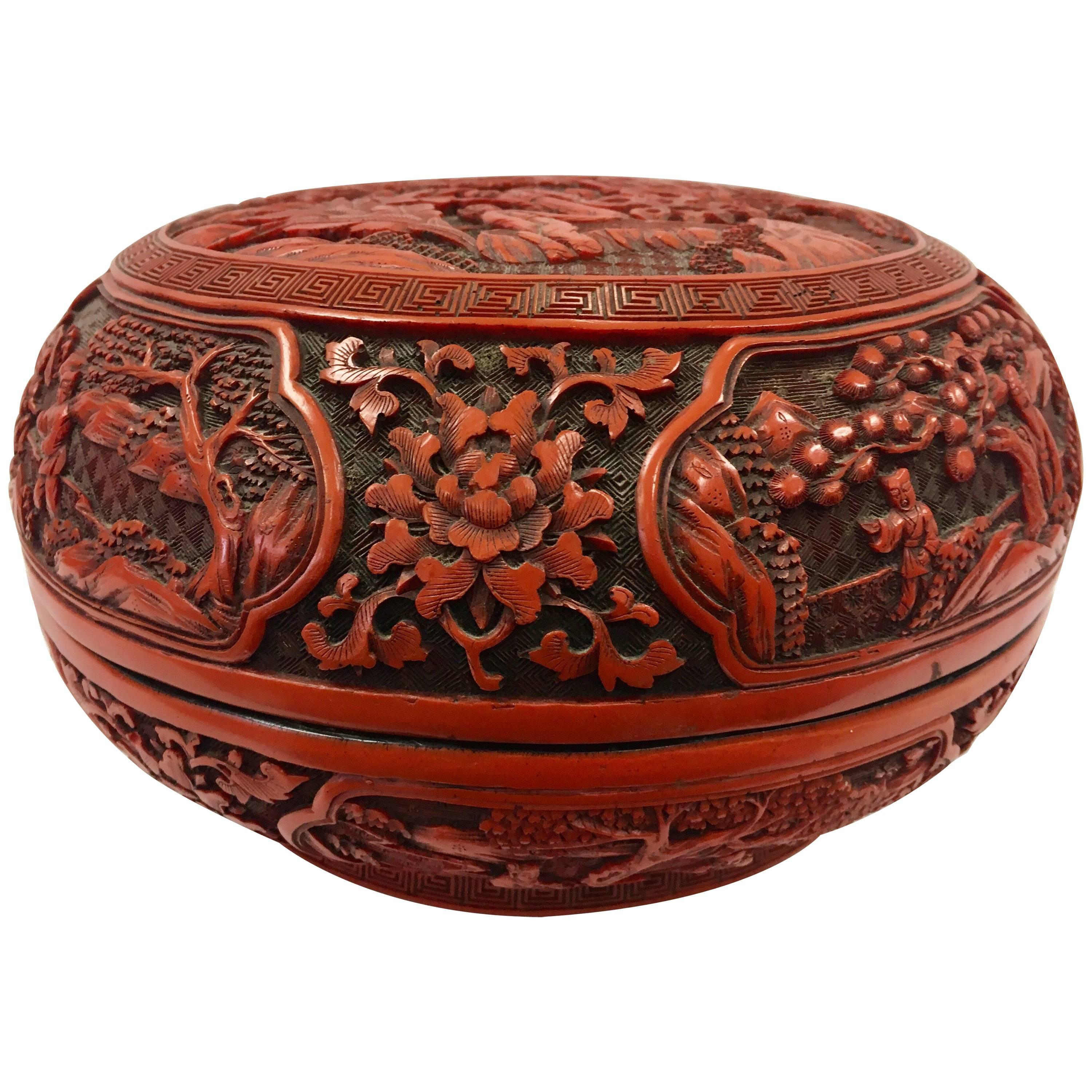 Cinnabar Carved Asian Lidded Round Box