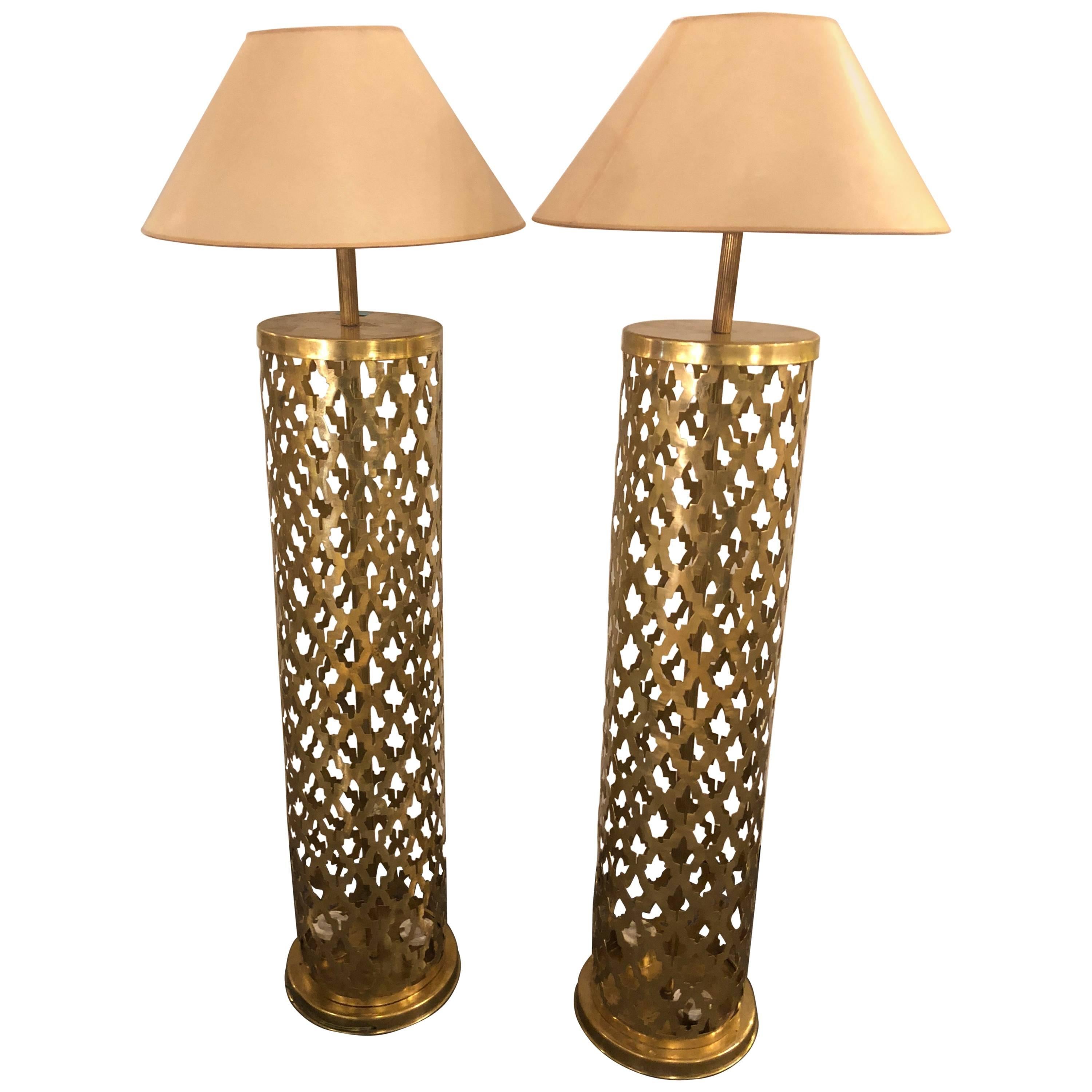 Pair of Hand-Hammered Pierced Brass Standing Lamps