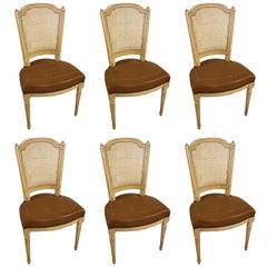 Antique Set of Six French Louis XVI Style Chairs with Leather Seats and Caned Back