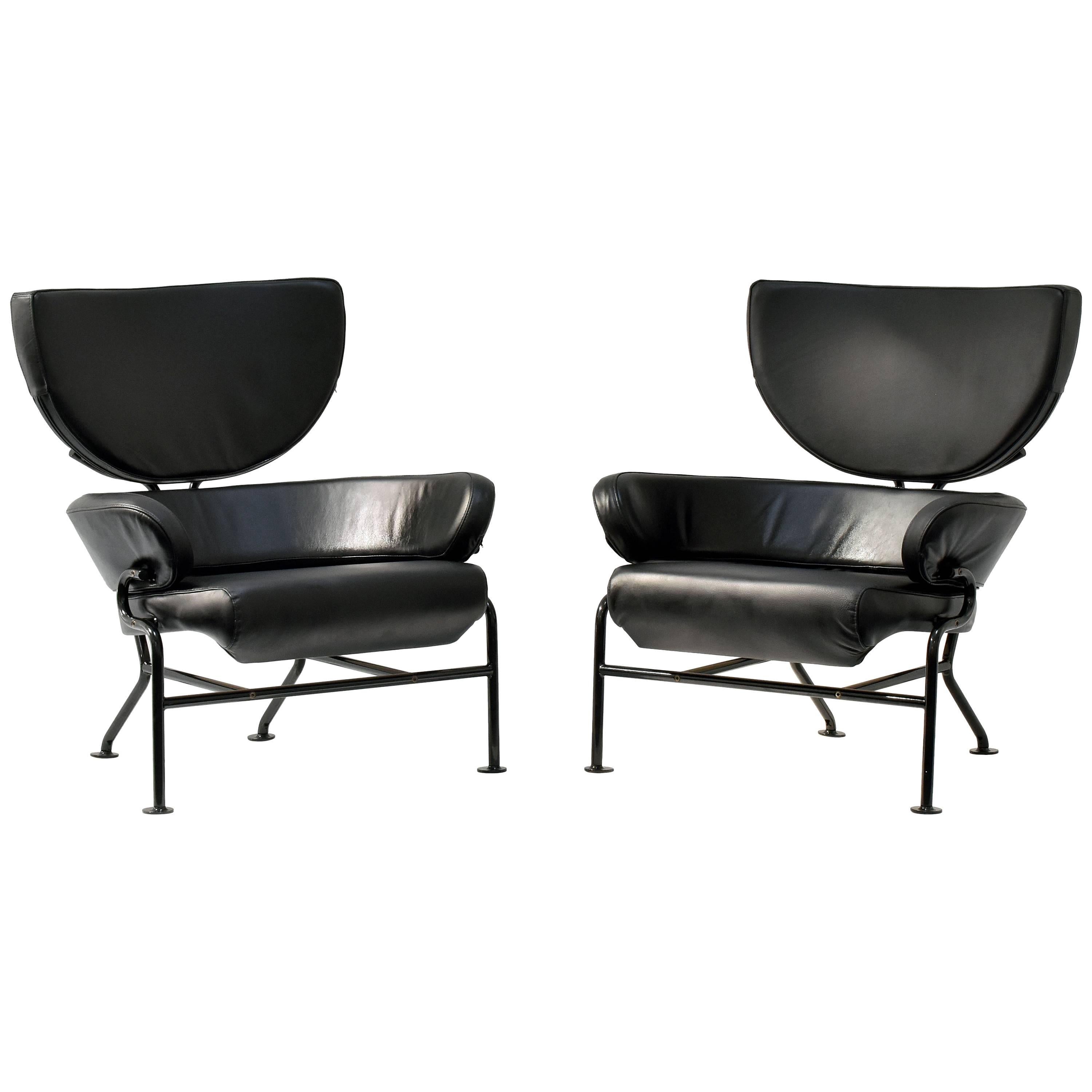 Franco Albini, Pair of "Tre Pezzi" Lounge Chairs, Black Leather, 1959 Italian
