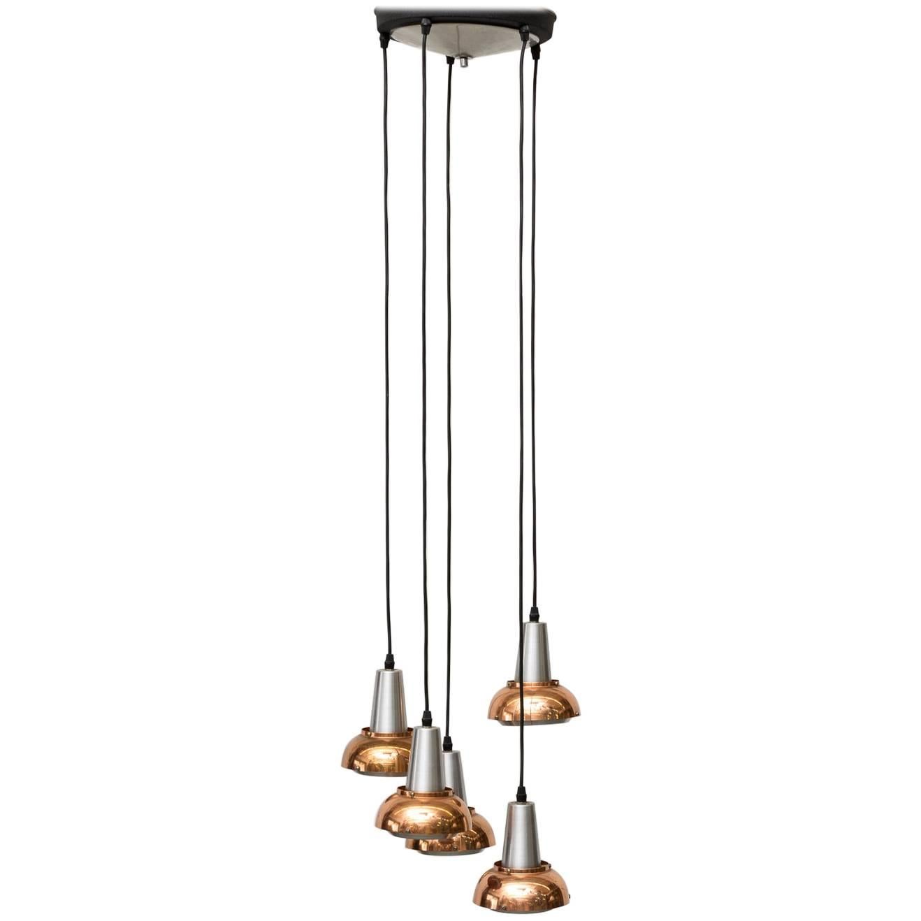 Mid Century, Chrome and Copper Multi Lamp Hanging Chandelier by Lakro Amstelveen For Sale