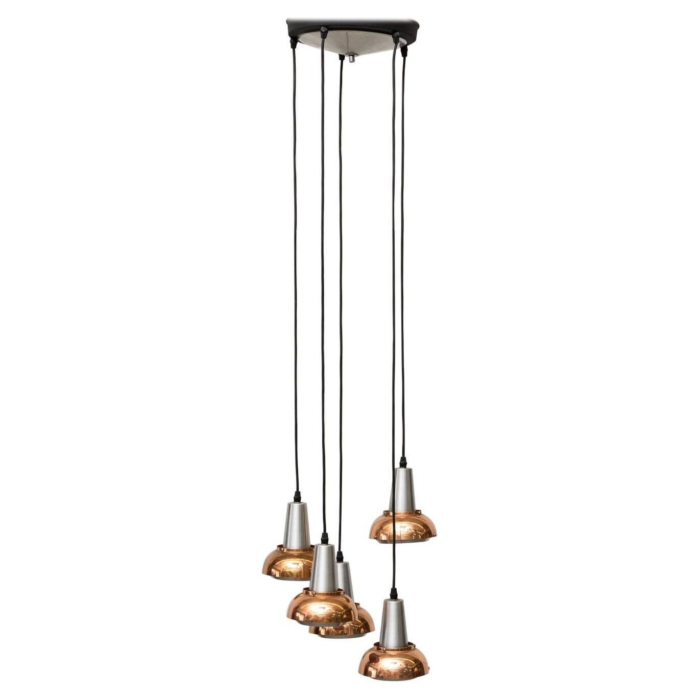 Mid Century, Chrome and Copper Multi Lamp Hanging Chandelier by Lakro Amstelveen