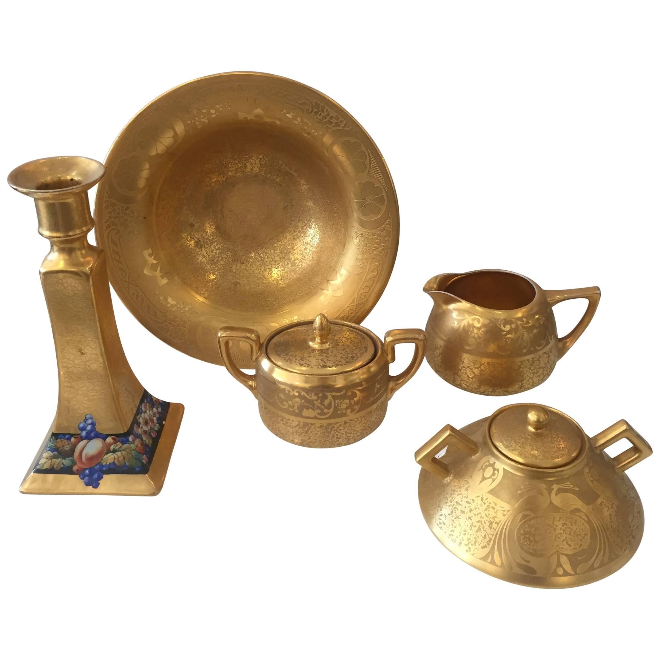 Set of Five Antique 18-Karat Porcelain Table Tea Limouge and Signed Osborne