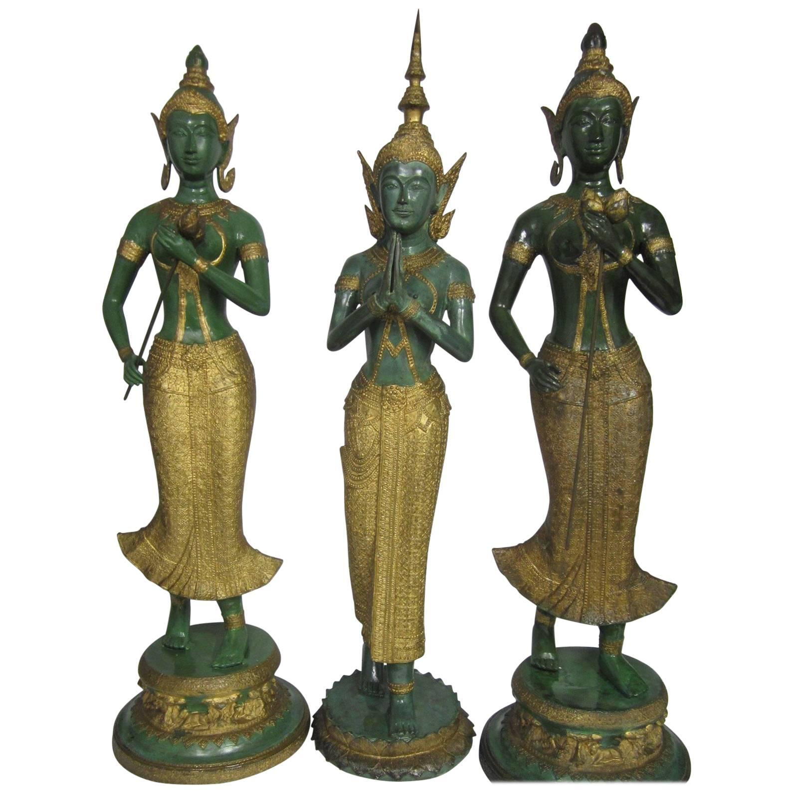 Gilt Decorated Bronze Statues, Thailand For Sale