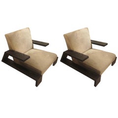 Pair of Jean-Michel Frank Style Cerused Oak Lounge Chairs Upholstered in Cowhide