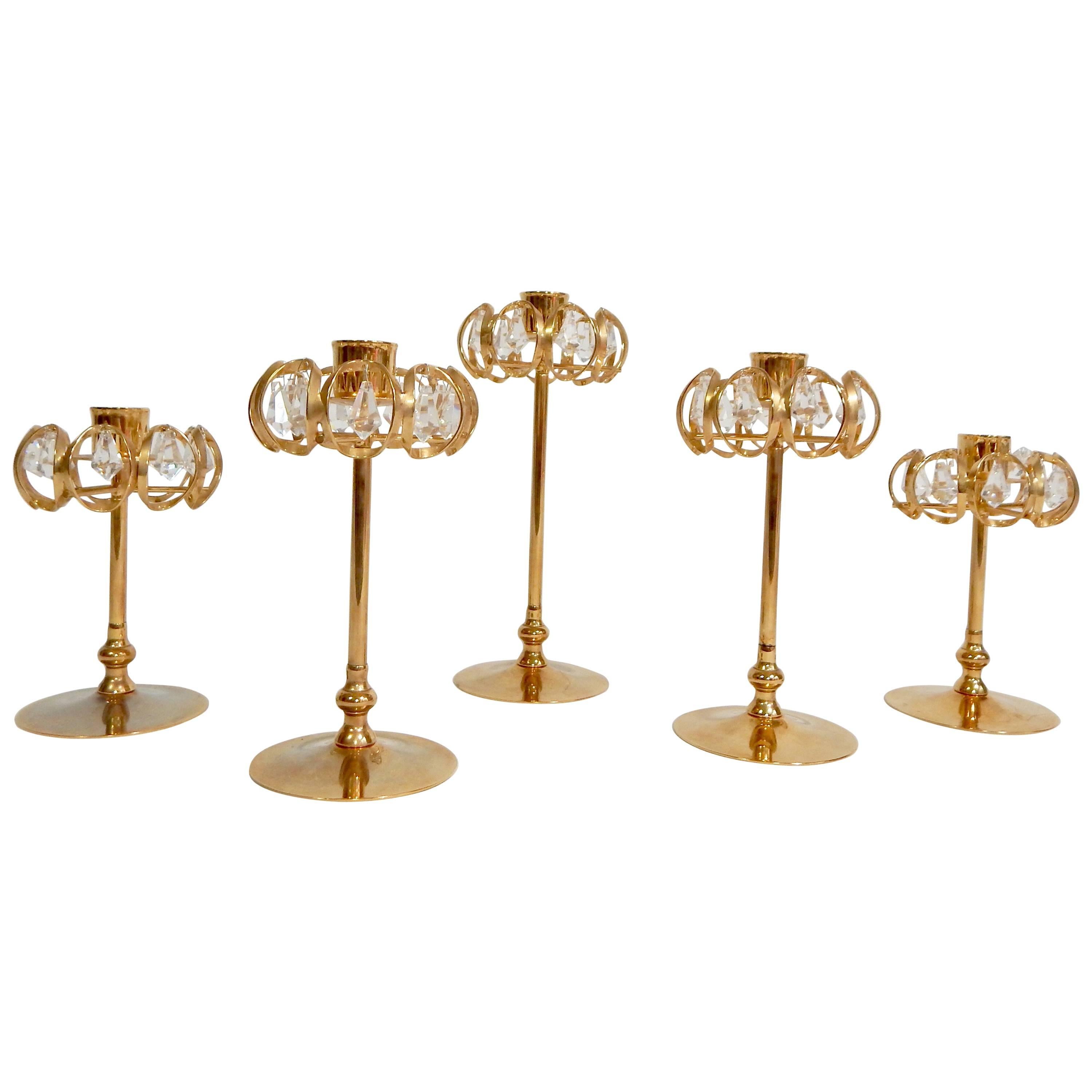 Gold and Crystal Candleholders by Lycenta, Sweden, Set of Five