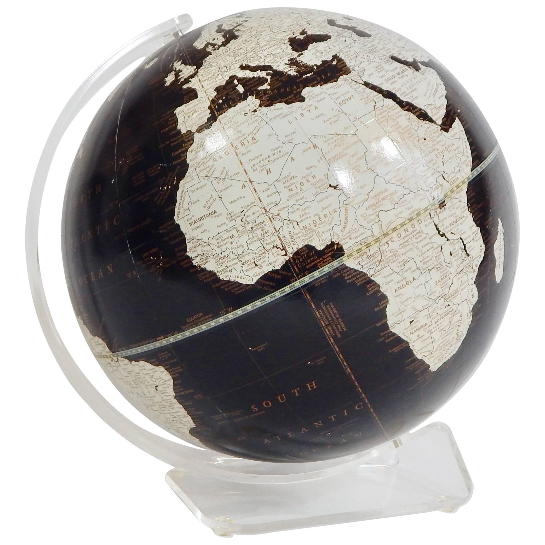 1970s Black and White Globe with Lucite Stand by George F. Cram