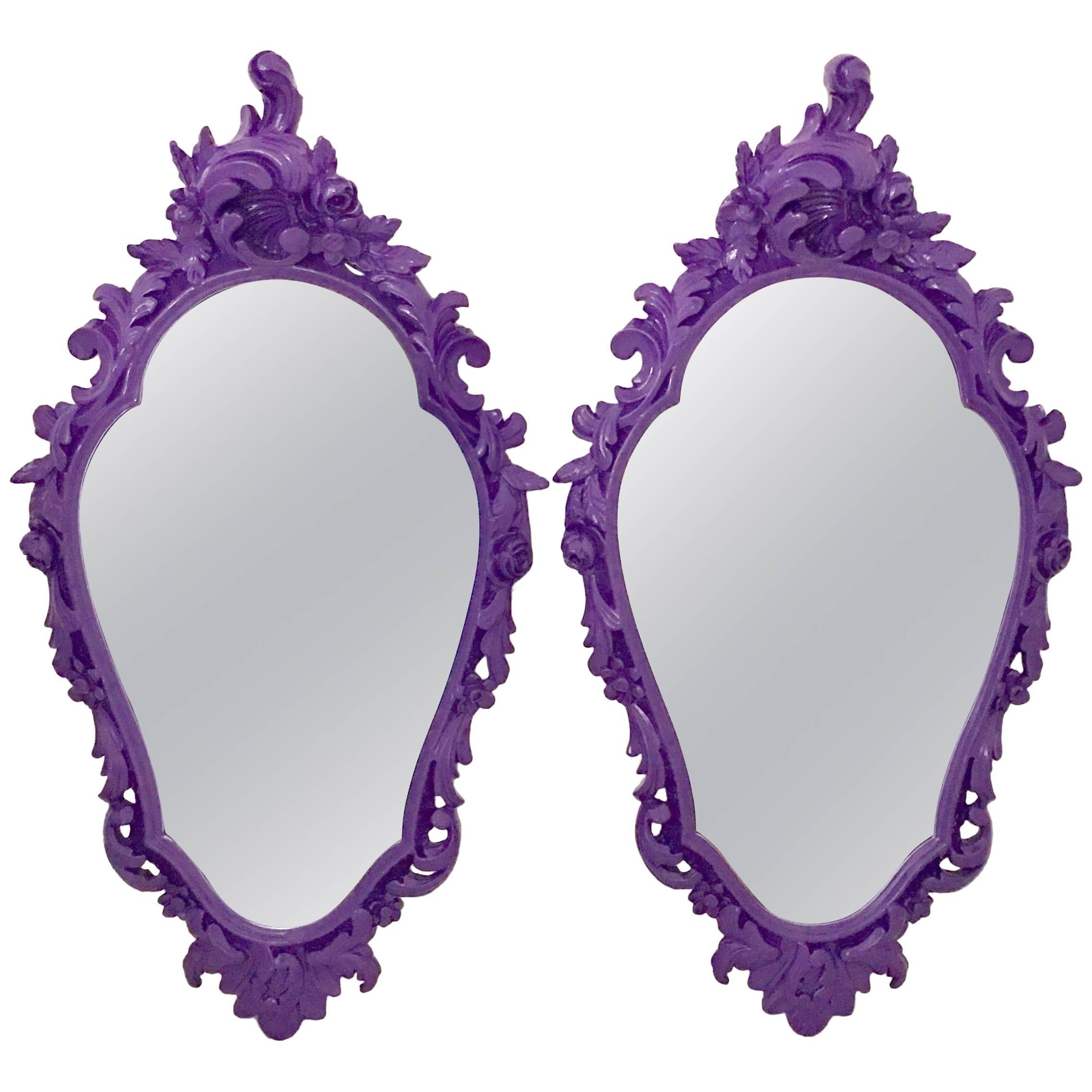 Pair Of Vintage Purple Lacquered Rococo Style Wall Mirrors