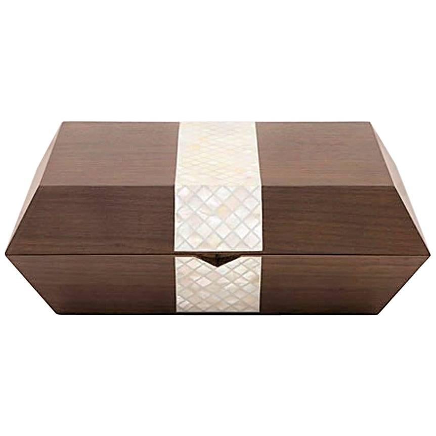 Cigar Box, Contemporary Gift, Walnut with Mother-of-Pear Inlay