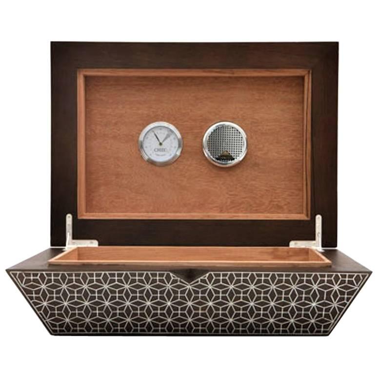 Arabesque Cigar Box, Contemporary Walnut Cigar Box with Humidifier