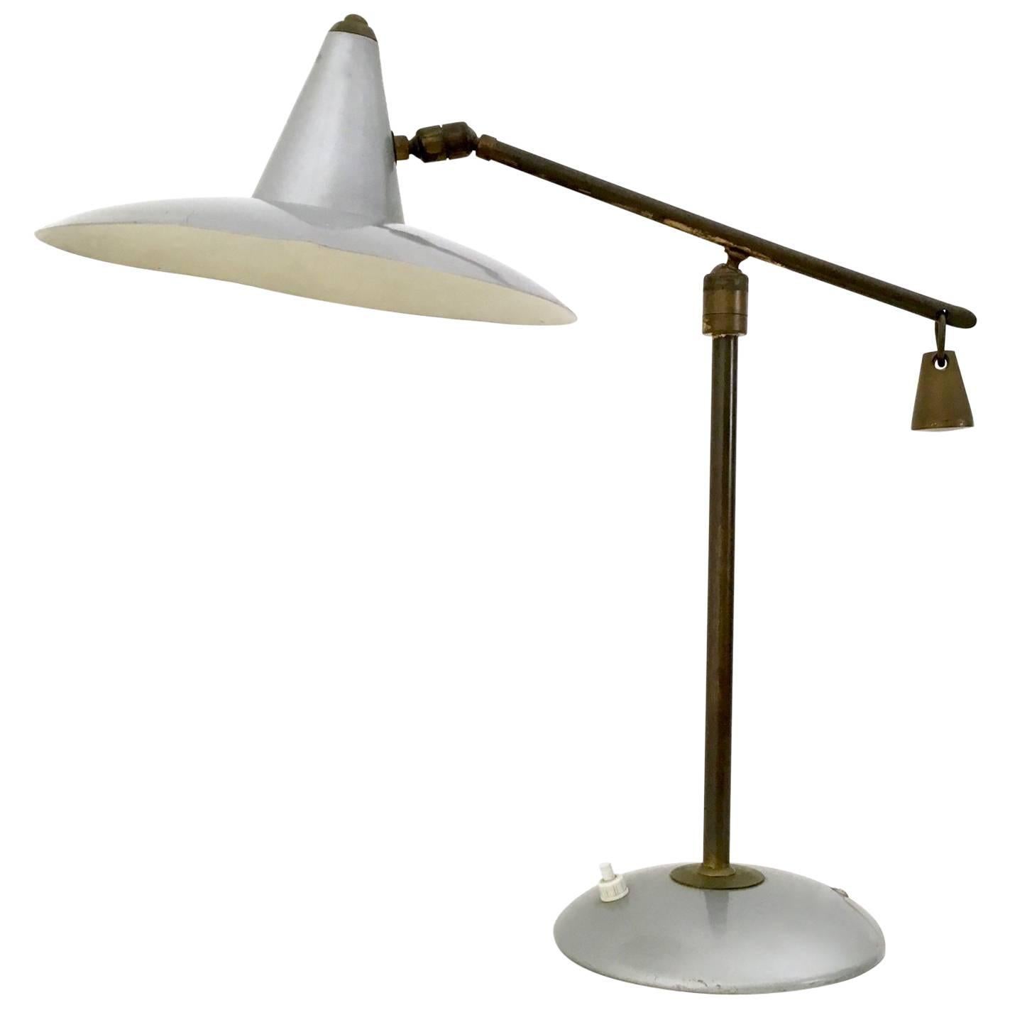 Vintage Brass and Varnished Metal Desk Lamp, Italy For Sale