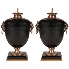 Pair of Decorative Urn Lamps with Lion Masked Handles