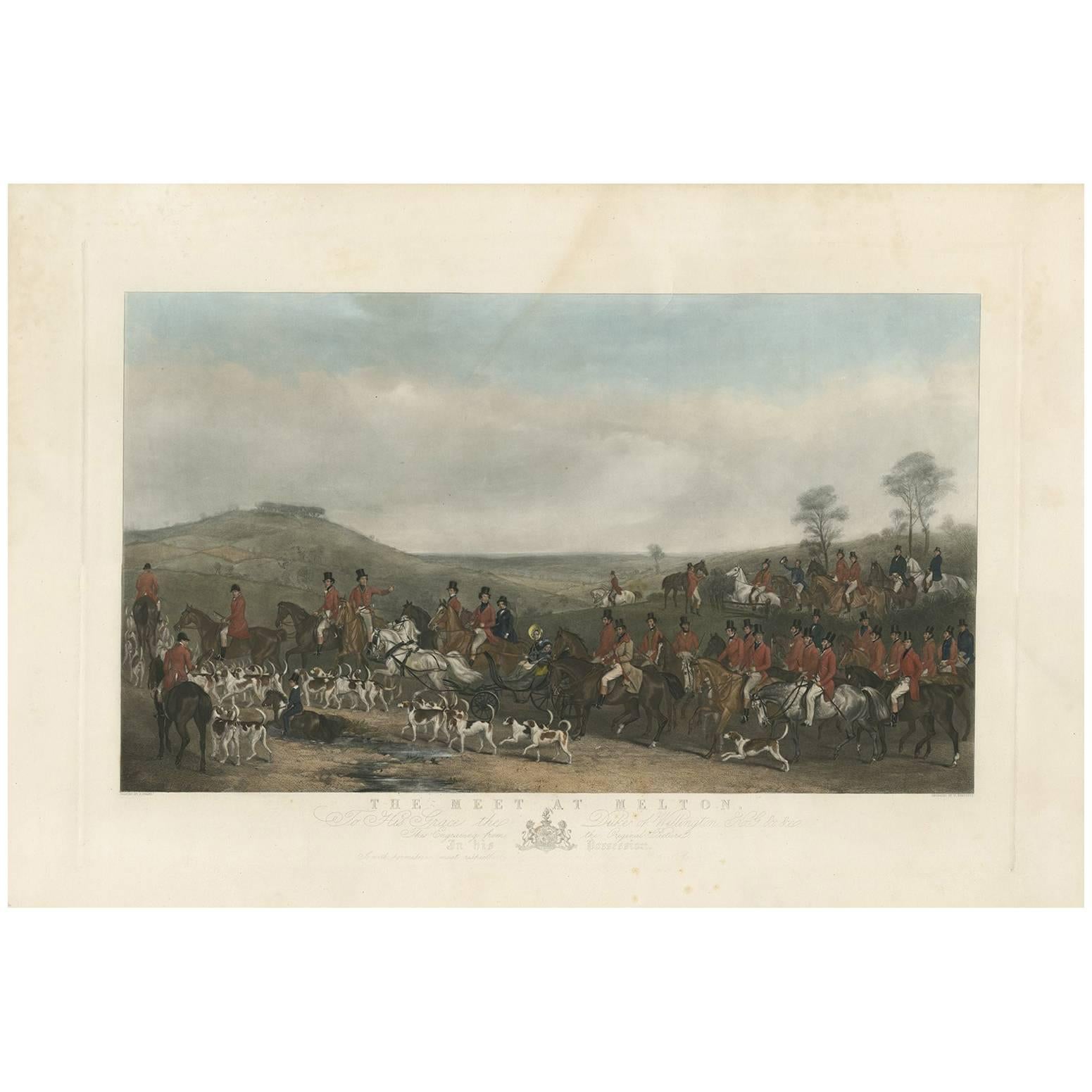 Antique English Hunting Print 'The Meet at Melton' by W. Humphrys, circa 1840