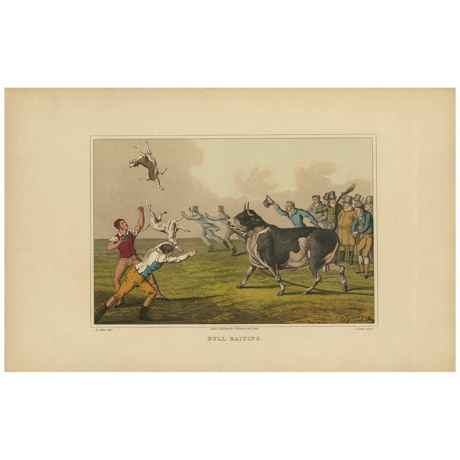 Antique Aquatint 'Bull Baiting' by J. Clark, 1820 For Sale