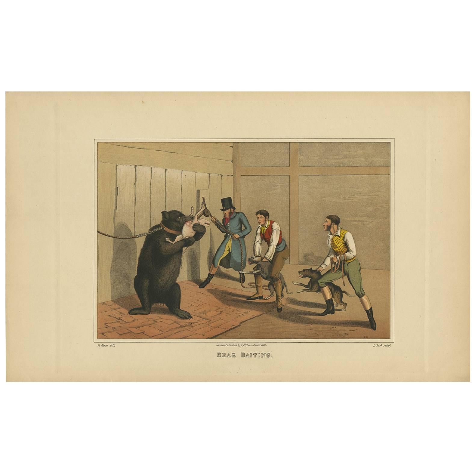 Antique Aquatint 'Bear Baiting' by J. Clark, 1820 For Sale