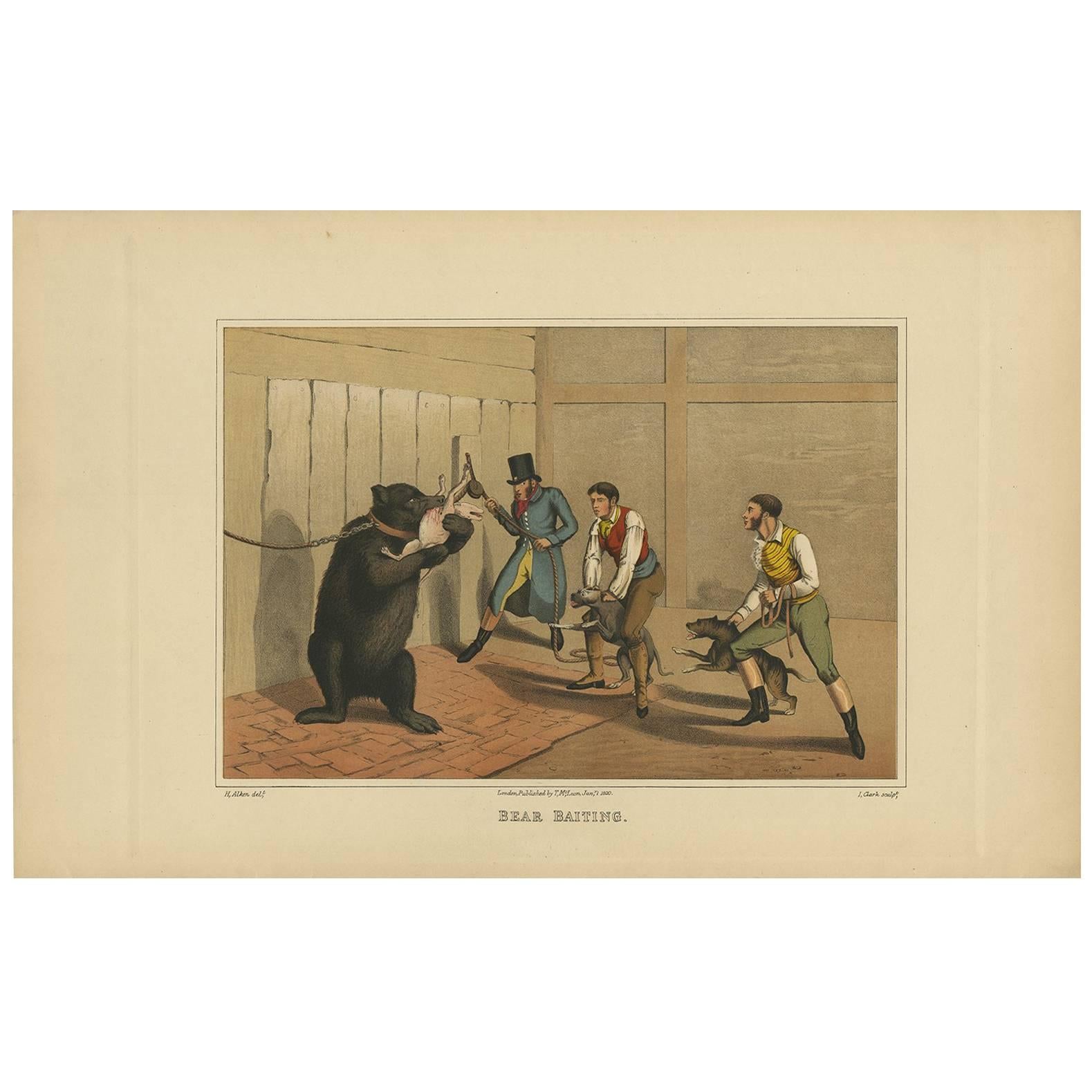 Aquatinte ancienne Bear Baiting de J. Clark, 1820