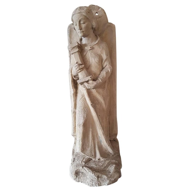 Old Plaster Wall Statue of a Angel Holding a Pillar at 1stDibs