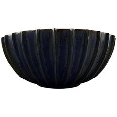 Arne Bang, Very Large Bowl of Stoneware with Fluted Body with Bluegreen Glaze