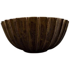 Arne Bang, Very Large Bowl of Stoneware with Fluted Body with Brown-Green Glaze